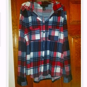 Red, White, and Blue, Plaid Button Down Shirt